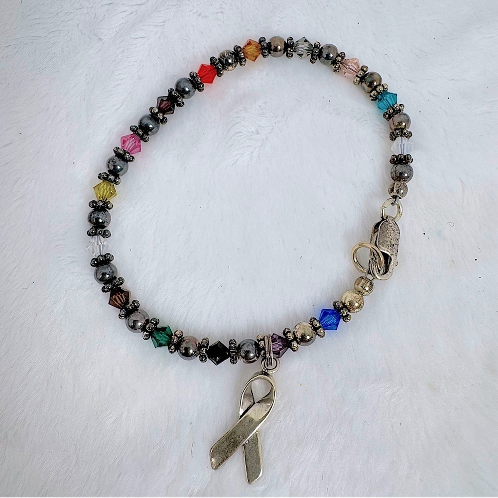 Sterling Silver Survivor Ribbon Charm Colorful Multicolor Beaded Bracelet